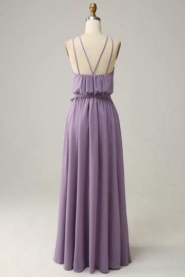 A Line Halter Purple Long Formal Party Dress with Bowknot
